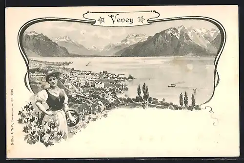 AK Vevey, Ortsansicht mit See und Dame in Tracht