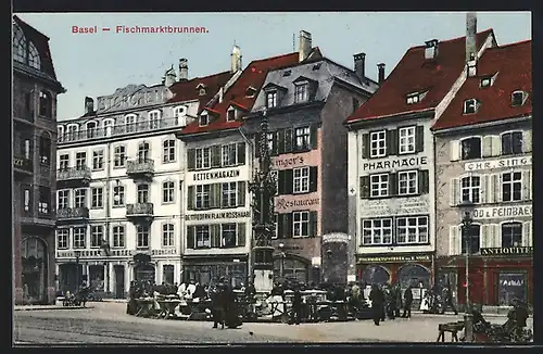 AK Basel, Einkaufsstrasse am Fischmarktbrunnen