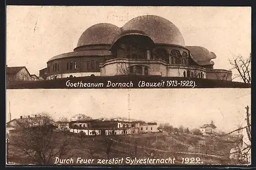 AK Dornach, Goetheanum Bauzeit 1913-1922, Durch Feuer zerstört Sylvesternacht 1922
