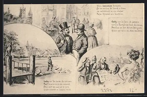 Künstler-AK sign. L. Curtat: Herren im Gespräch auf der Strasse, Junge an Ufer, Herren lüpfen Hut vor Dame