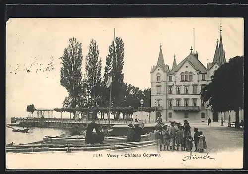 AK Vevey, Chateau Couvreu, Ruderboote und Kinder