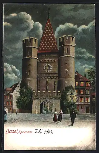 AK Basel, Spalenthor mit Passanten