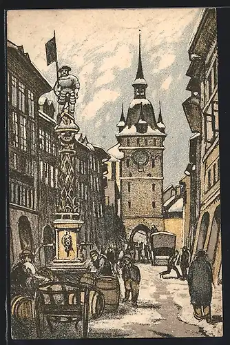 Künstler-AK Ernst E. Schlatter: Bern, Strassenpartie im Zentrum