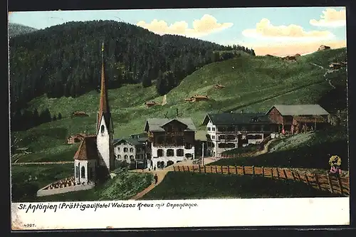 AK St. Antönien, Hotel Weisses Kreuz mit Dependance und Kirche