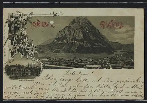 Mondschein-Lithographie Glarus, Regierungsgebäude, Ortsansicht mit Berg