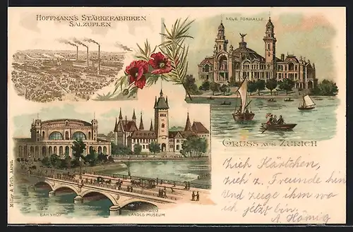 Lithographie Zürich, Bahnhof, neue Tonhalle, Schweizerisches Landesmuseum, Reklame f. Hoffmanns Stärkefabriken Salzuflen