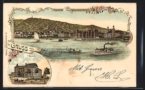 Lithographie Zürich, Panorama mit Dampfer vom Wasser aus, Theater