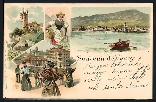 Lithographie Vevey, Ortsansicht vom See mit Ruderboot, Frau in Tracht