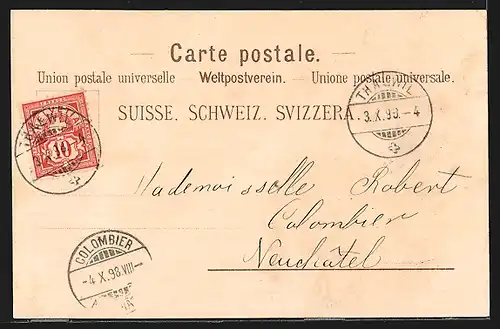 Lithographie Vevey, Ortsansicht vom See mit Ruderboot, Frau in Tracht