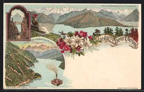 Lithographie Beatenberg, Blick auf Hochgebirge, Thuner See und Bahn nach Beatenberg