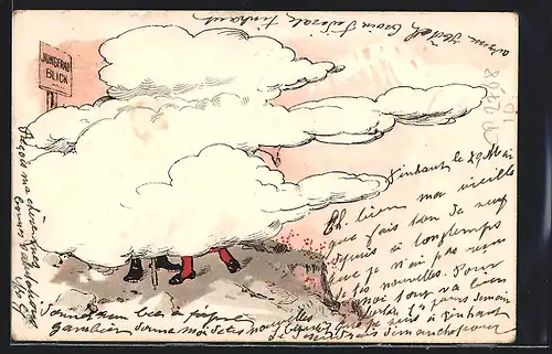 Lithographie Jungfrau, Wanderer auf wolkenverhüllter Jungfau, Karikatur