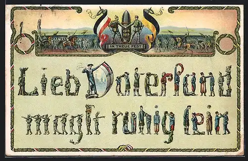 AK Dresing`s Sinnspruch-Figuren, Wort 1 Auf Vorposten, Wort 2,4 u. 5 Gefangene Feinde, Wort 3 Deutsche u. österr. Sieger