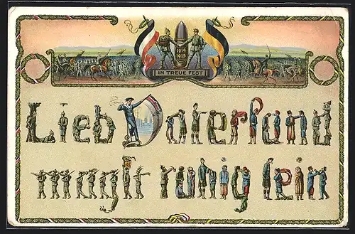 AK Dresing`s Sinnspruch-Figuren, Wort 1 Auf Vorposten, Wort 2,4 u. 5 Gefangene Feinde, Wort 3 Deutsche u. österr. Sieger