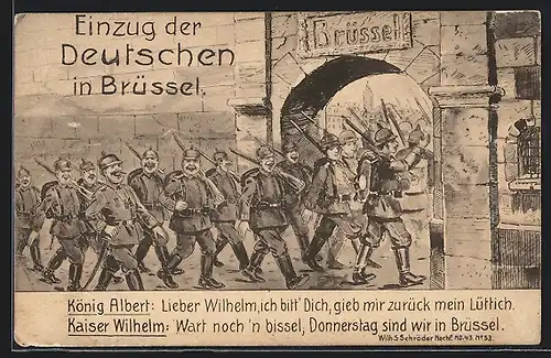 Künstler-AK Brüssel, Einzug der Deutschen, Fröhliche Soldaten mit geschulterten Gewehren