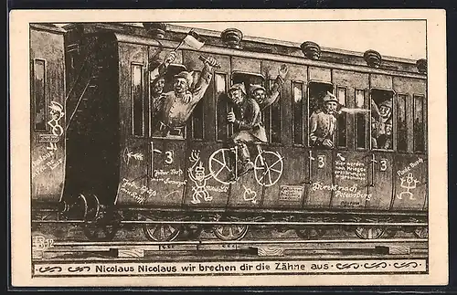 AK Singende deutsche Soldaten in der Eisenbahn