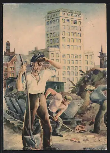 Künstler-AK Leipziger Messe, Arbeiter befüllen einen Wagen mit Bauschutt