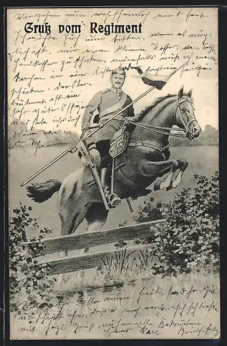 Künstler-AK Gruss vom Regiment, berittener Soldat mit Standarte