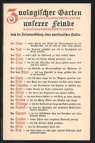 AK Zoologischer Garten unserer Feinde, Propaganda 1. Weltkrieg
