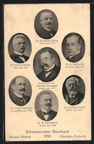 AK Schweiz, Mitglieder des Bundesrates 1916, Dr. E. Müller, Dr. A. Hoffmann, Dr. L. Forrer, Dr. E. Schultheiss u. a.