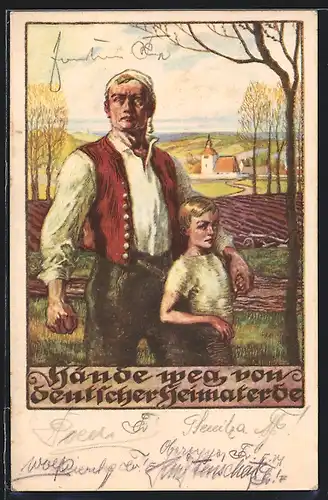 AK Vater mit seinem Kind vor dem Dorf, Hände weg von deutscher Heimaterde!