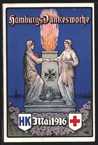 Künstler-AK Hamburg, Dankeswoche Mai 1916, Brennende Flamme und Frauen, Rotes Kreuz