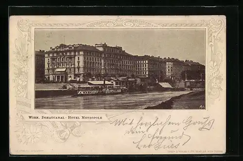 AK Wien, Hotel Metropole, Donaucanal, Raddampfer, gezeichnetes Passepartout