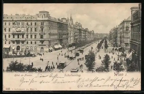 AK Wien, Hotel de France, Schottenring, mit Strassenbahnen