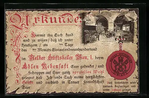 AK Wien, Gasthaus Melker Stiftskeller, Schottengasse 3, Urkunde mit Siegel, Innenansicht