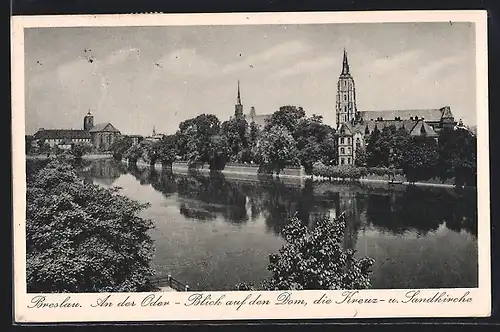 AK Breslau, Oderpartie mit Blick auf den Dom u. die Kreuz- und Sandkirche