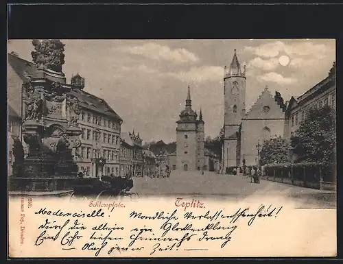 AK Teplitz, Schlossplatz mit Brunnen