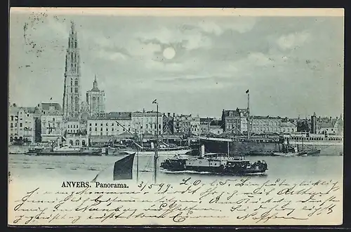 Mondschein-AK Anvers, Panorama mit Raddampfer