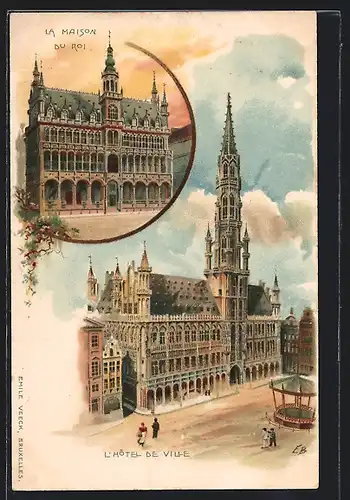 Lithographie Brüssel / Bruxelles, L'Hotel de Ville, La Maison du Roi