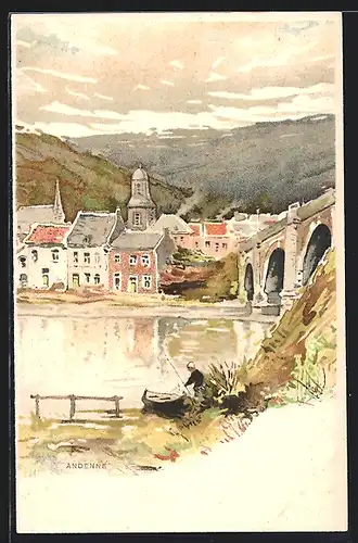 Künstler-AK Henri Cassiers: Andenne, Ortspartie am Flussufer