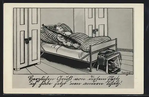 Künstler-AK Ferdinand Barlog: Schlafstube, Soldat mit Gewehr im Bett