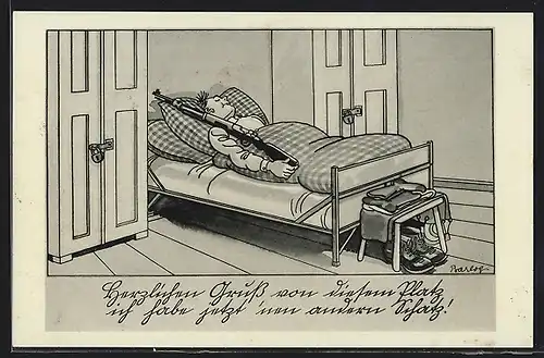 Künstler-AK Ferdinand Barlog: Schlafstube, Soldat mit Gewehr im Bett