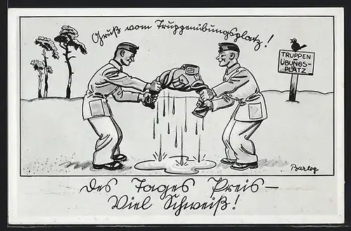 Künstler-AK Ferdinand Barlog: Soldaten in Uniform wringen ein Hemd aus