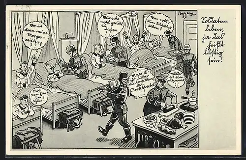 Künstler-AK Ferdinand Barlog: Soldaten wird das Essen ans Bett gebracht