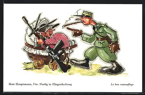 Künstler-AK Herr Hauptmann, Füs. Findig in Fliegerdeckung, Karikatur schweizer Militär