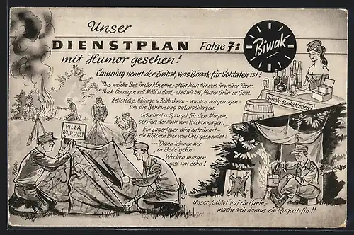Künstler-AK Dienstplan Folge 7: Biwak, Bundeswehr-Soldaten beim Errichten der Biwaks