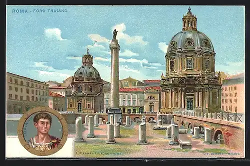 Lithographie Roma, Foro Traiano, Porträt Traiano