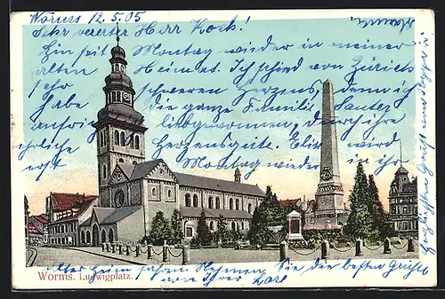 AK Worms, Ludwigplatz mit Kirche und Denkmal