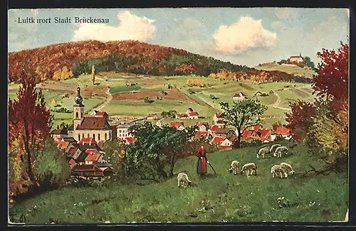 Künstler-AK Brückenau, Ortsansicht von einer Anhöhe aus, Weidende Schafherde
