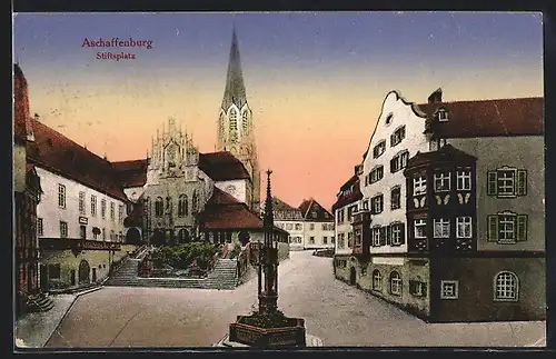 AK Aschaffenburg, Stiftsplatz mit Blick zur Kirche