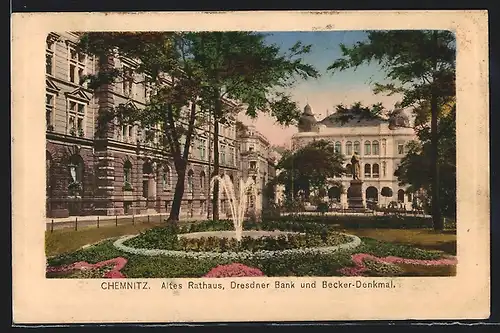 AK Chemnitz, Altes Rathaus, Dresdner Bank und Becker-Denkmal