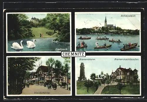 AK Chemnitz, Gasthaus Waldschänke, Bismarckturm & Bismarckschlösschen, Schlossteich