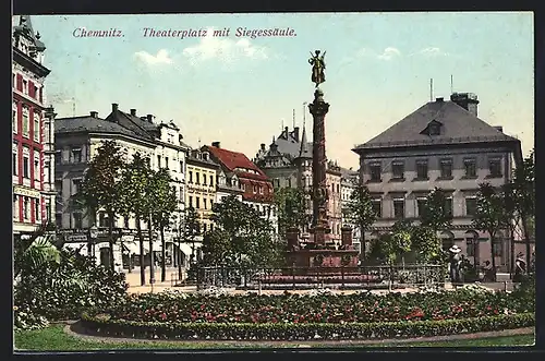 AK Chemnitz, Theaterplatz mit Siegessäule