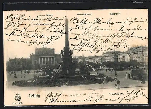 AK Leipzig, Augustusplatz mit Neues Theater, Mendebrunnen und Hauptpost