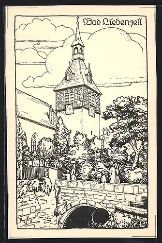 Künstler-AK Bad Liebenzell, Familien beim Kirchgang