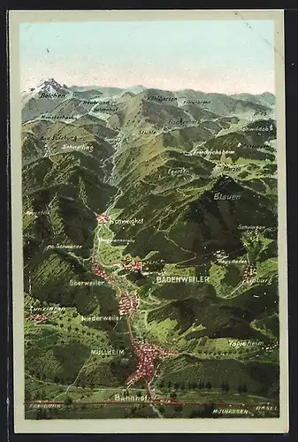 AK Badenweiler, Landkarte mit Bahnhof und Blauen
