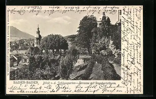 AK Baden-Baden, Blick v. d. Schlossgarten-Terrasse mit Dagobertsturm